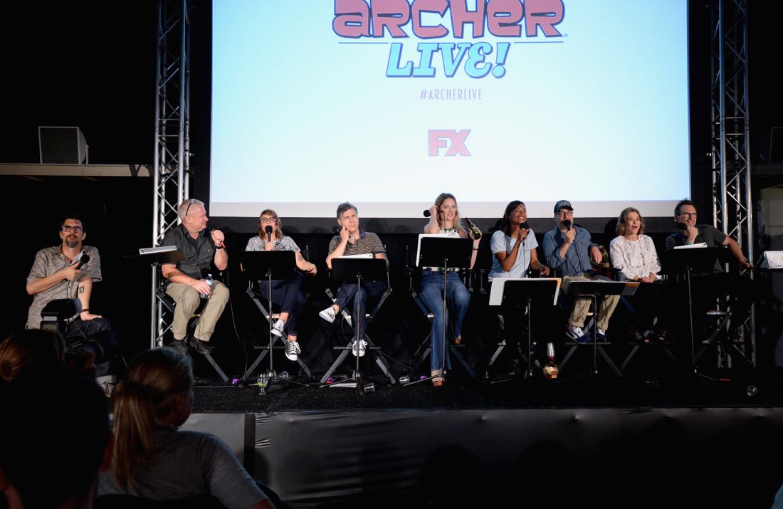 SAN DIEGO, CA - JULY 21: (L-R) Actors Lucky Yates, Adam Reed, Amber Nash, Chris Parnell, Judy Greer, Aisha Tyler and H. Jon Benjamin attend "ARCHER Live!" during Comic-Con International 2016 at Hilton Bayfront on July 21, 2016 in San Diego, California. (Photo by Michael Kovac/Getty Images for FX)