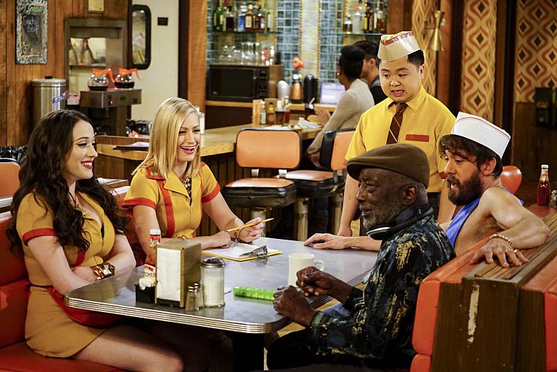 "And The Two Openings: Part One" -- Pictured: Max Black (Kat Dennings), Caroline Channing (Beth Behrs), Han Lee (Matthew Moy), Earl (Garrett Morris) and Oleg (Jonathan Kite). As Max and Caroline, now part owners of the diner, put the finishing touches on their newly converted Dessert Bar, Max deals with the aftermath of her recent breakup with Randy, and Sophie and Oleg prepare for the birth of their baby, on the sixth season premiere of 2 BROKE GIRLS, Monday, Oct. 10 (9:00-9:30 PM, ET/PT) on the CBS Television Network. Photo: Sonja Flemming/CBS é2016 CBS Broadcasting, Inc. All Rights Reserved