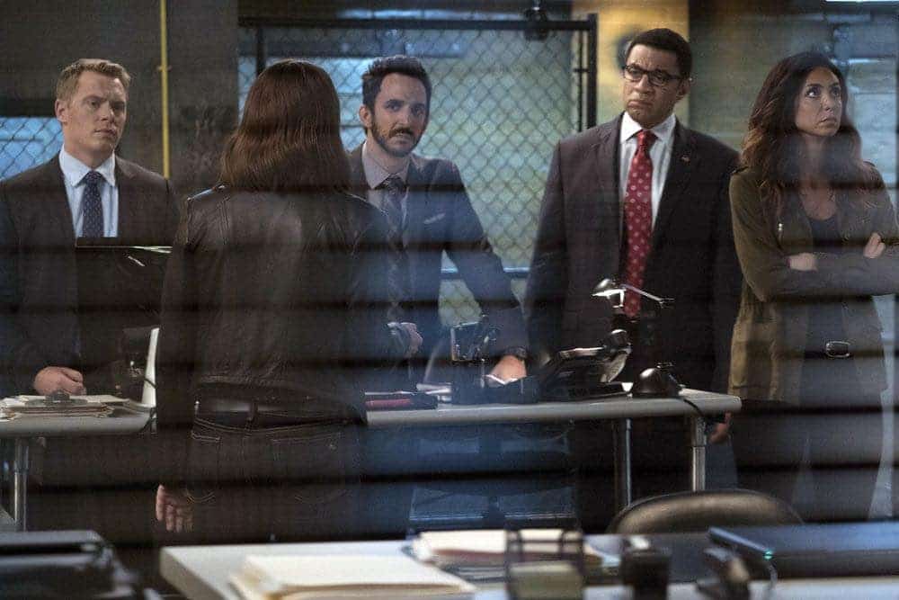 THE BLACKLIST -- "Gaia: #81" Episode 404 -- Pictured: (l-r) Diego Klatenhoff as Donald Ressler, Megan Boone as Elizabeth Keen, Amir Arison as Aram Mojtabai, Harry Lennix as Harold Cooper, Mozhan Marno as Samar Navabi -- (Photo by: Virginia Sherwood/NBC)