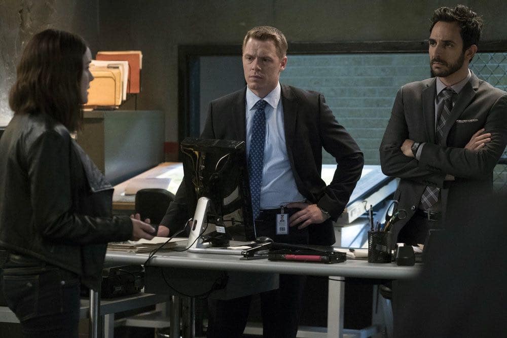 THE BLACKLIST -- "Gaia: #81" Episode 404 -- Pictured: (l-r) Megan Boone as Elizabeth Keen, Diego Klattenhoff as Donald Ressler, Amir Arison as Aram Mojtabai -- (Photo by: Virginia Sherwood/NBC)