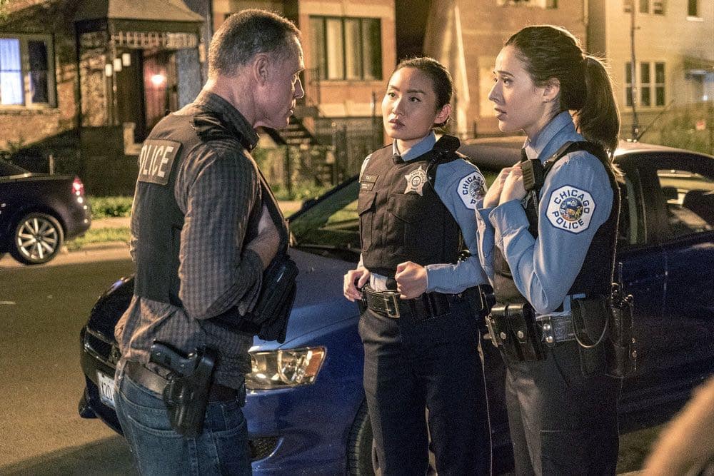 CHICAGO P.D. -- "Big Friends Big Enemies" Episode 403 -- Pictured: (l-r) Jason Beghe as Hank Voight, Li Jun Li as Julie Tay, Marina Squerciati as Kim Burgess -- (Photo by: Matt Dinerstein/NBC)