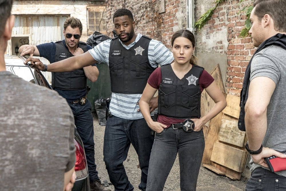 CHICAGO P.D. -- "Big Friends Big Enemies" Episode 403 -- Pictured: (l-r) Patrick Flueger as Kyle Ruzek, LaRoyce Hawkins as Kevin Atwater, Sophia Bush as Erin Lindsay -- (Photo by: Matt Dinerstein/NBC)