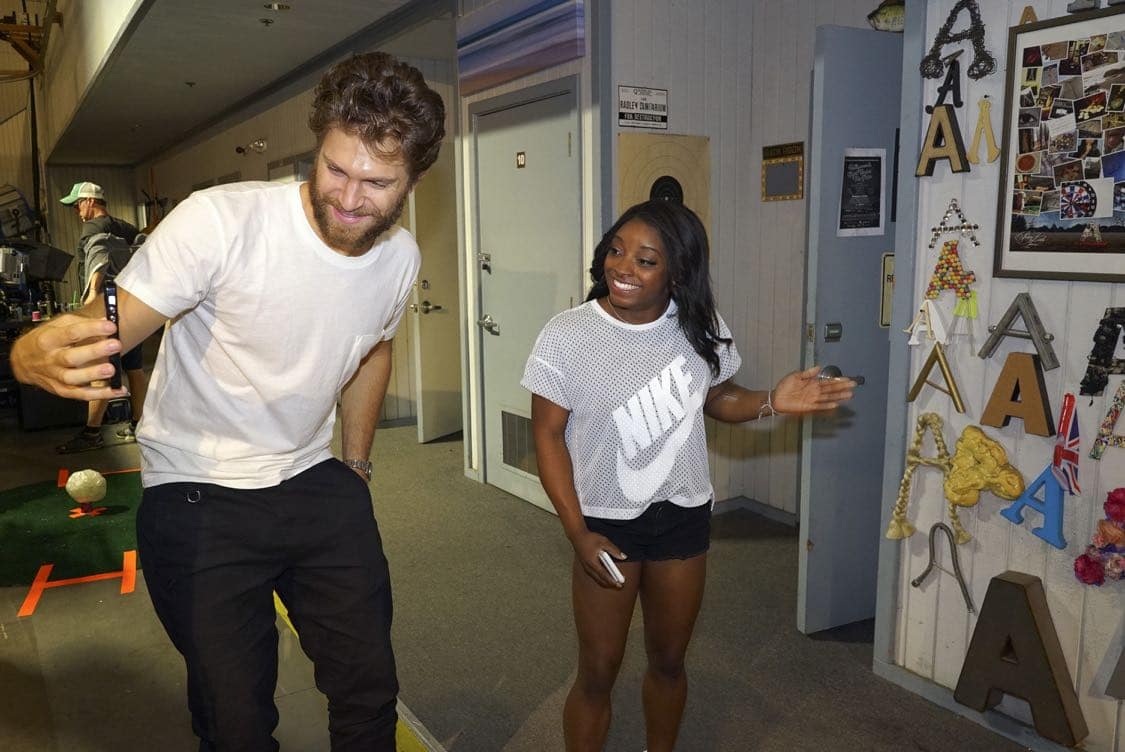 PRETTY LITTLE LIARS - USA Olympic gold medal gymnast Simone Biles visits the set of 'Pretty Little Liars.'" (Freeform/Byron Cohen) KEEGAN ALLEN, SIMONE BILES
