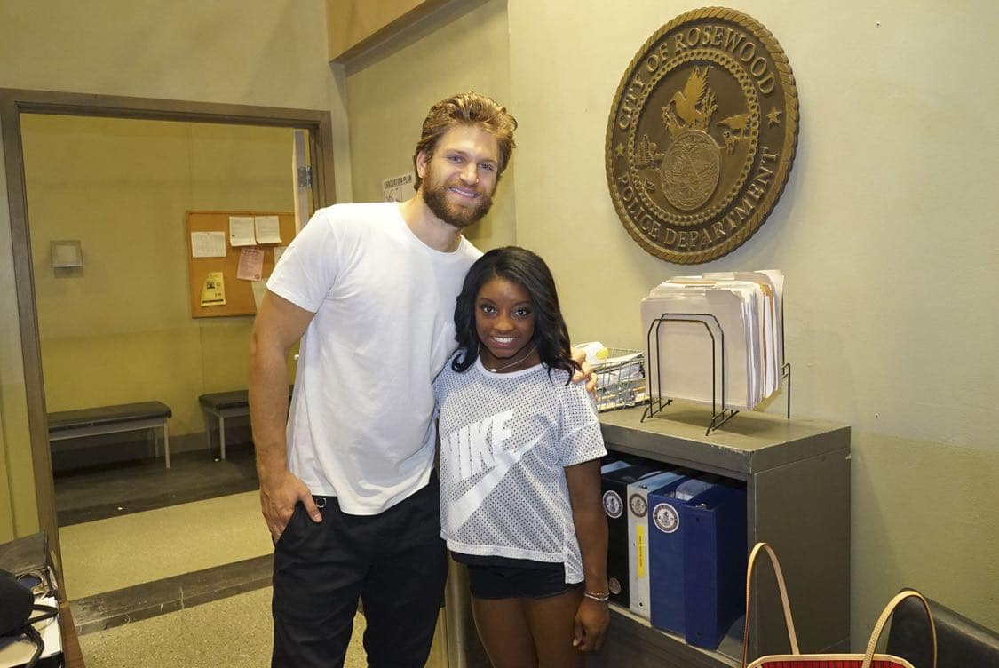 PRETTY LITTLE LIARS - USA Olympic gold medal gymnast Simone Biles visits the set of 'Pretty Little Liars.'" (Freeform/Byron Cohen) KEEGAN ALLEN, SIMONE BILES