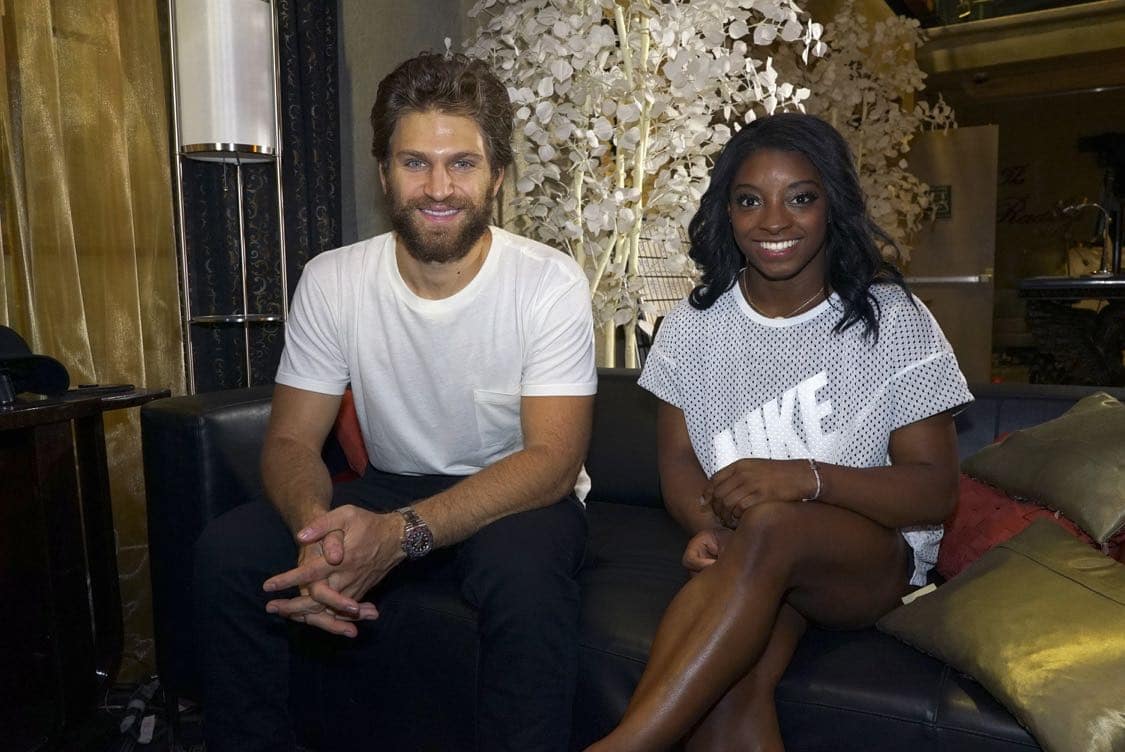 PRETTY LITTLE LIARS - USA Olympic gold medal gymnast Simone Biles visits the set of 'Pretty Little Liars.'" (Freeform/Byron Cohen) KEEGAN ALLEN, SIMONE BILES