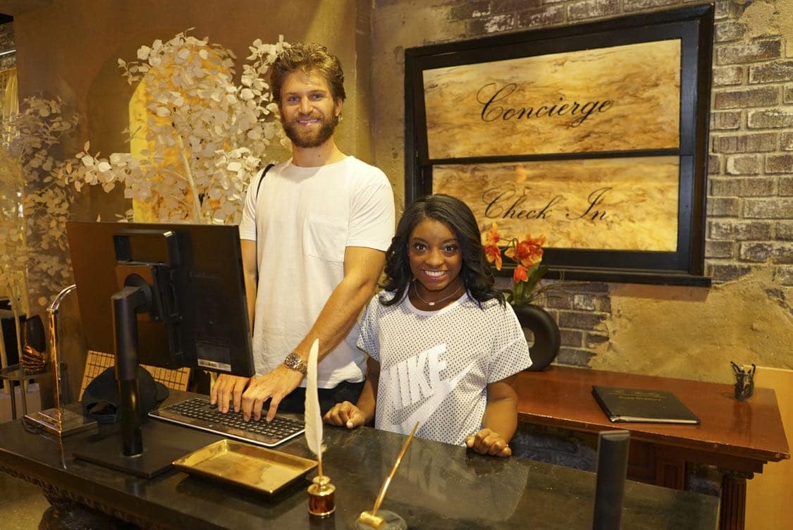 PRETTY LITTLE LIARS - USA Olympic gold medal gymnast Simone Biles visits the set of 'Pretty Little Liars.'" (Freeform/Byron Cohen) KEEGAN ALLEN, SIMONE BILES