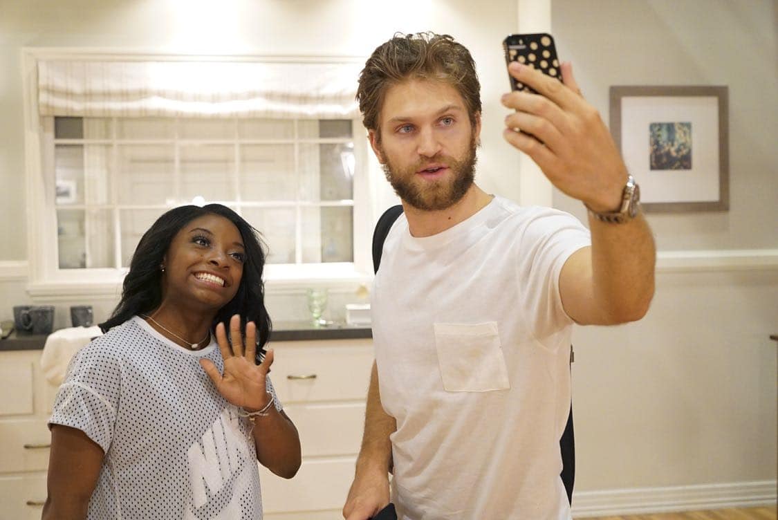 PRETTY LITTLE LIARS - USA Olympic gold medal gymnast Simone Biles visits the set of 'Pretty Little Liars.'" (Freeform/Byron Cohen) SIMONE BILES, KEEGAN ALLEN