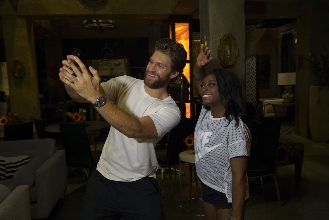 PRETTY LITTLE LIARS - USA Olympic gold medal gymnast Simone Biles visits the set of 'Pretty Little Liars.'" (Freeform/Byron Cohen) KEEGAN ALLEN, SIMONE BILES