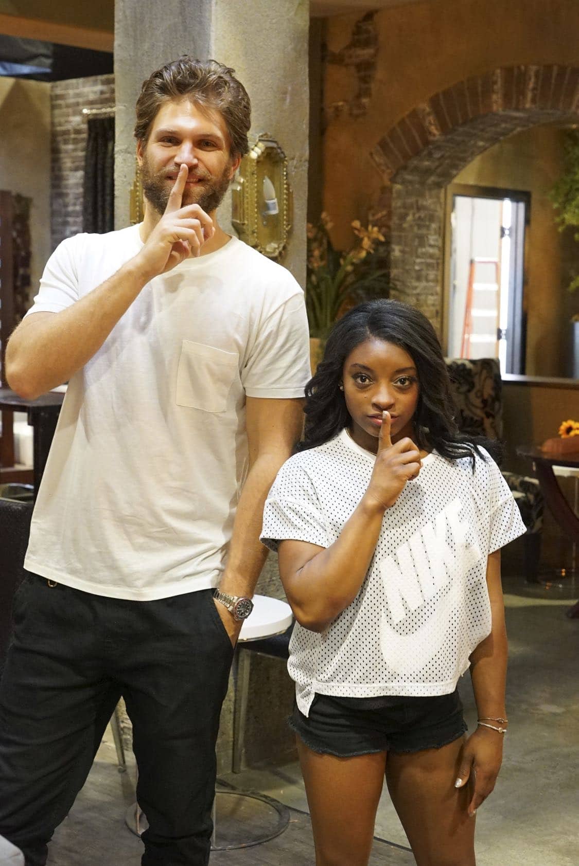 PRETTY LITTLE LIARS - USA Olympic gold medal gymnast Simone Biles visits the set of 'Pretty Little Liars.'" (Freeform/Byron Cohen) KEEGAN ALLEN, SIMONE BILES