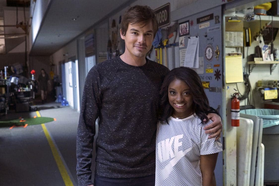 PRETTY LITTLE LIARS - USA Olympic gold medal gymnast Simone Biles visits the set of 'Pretty Little Liars.'" (Freeform/Byron Cohen)<br /> TYLER BLACKBURN, SIMONE BILES