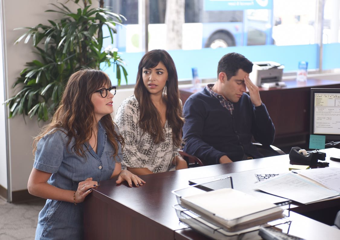 NEW GIRL: L-R: Zooey Deschanel, Hannah Simone and Max Greenfield in the "House Hunt" season premiere episode of NEW GIRL airing Tuesday, Sept. 20 (8:30-9:00 PM ET/PT) on FOX. ©2016 Fox Broadcasting Co. Cr: Ray Mickshaw/FOX