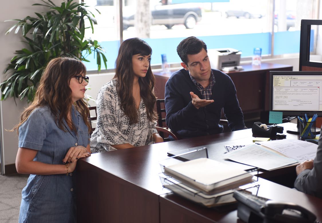NEW GIRL: L-R: Zooey Deschanel, Hannah Simone and Max Greenfield in the "House Hunt" season premiere episode of NEW GIRL airing Tuesday, Sept. 20 (8:30-9:00 PM ET/PT) on FOX. ©2016 Fox Broadcasting Co. Cr: Ray Mickshaw/FOX