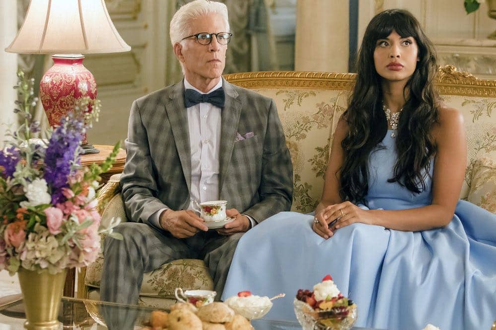 THE GOOD PLACE -- "...Someone Like Me as a Member" -- Pictured: (l-r) Ted Danson as Michael, Jameela Jamil as Tehani -- (Photo by: Ron Batzdorff/NBC)