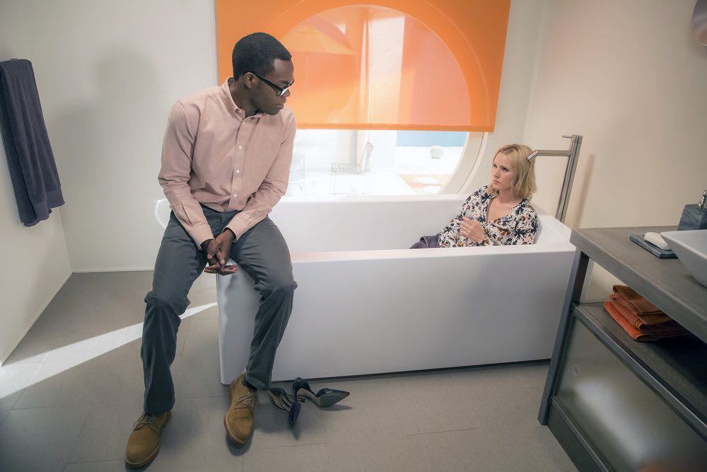 THE GOOD PLACE -- "...Someone Like Me as a Member" -- Pictured: (l-r) William Jackson Harper as Chidi, Kristen Bell as Eleanor -- (Photo by: Ron Batzdorff/NBC)