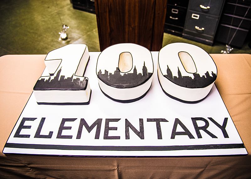 "Henny Penny The Sky Is Falling" -- The cast of ELEMENTARY celebrates their milestone 100th episode with a cake-cutting ceremony Photo: Michele Crowe /CBS é2016 CBS Broadcasting Inc. All Rights Reserved.