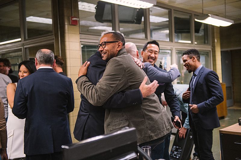 "Henny Penny The Sky Is Falling" -- The cast of ELEMENTARY celebrates their milestone 100th episode with a cake-cutting ceremony Pictured (L-R) Aidan Quinn and Executive Producer Carl Beverly Photo: Michele Crowe /CBS é2016 CBS Broadcasting Inc. All Rights Reserved.