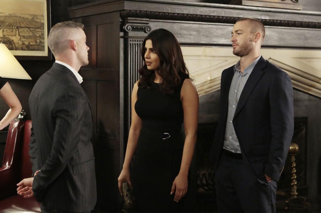 QUANTICO - "KMFORGET" - At the Farm, Harry is still suspicious of Alex and Ryan, and he's determined to learn more about their plan, while Leon is recruited for a special assignment by Owen. Meanwhile, in the future, Alex continues to run from the terrorists but faces her toughest challenge yet when the terrorists corner her on "Quantico," airing SUNDAY, OCTOBER 30 (10:00-11:00 p.m. EDT), on the ABC Television Network. (ABC/Giovanni Rufino) RUSSELL TOVEY, PRIYANKA CHOPRA, JAKE MCLAUGHLIN