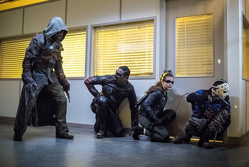 Arrow -- "Penance" -- Image AR504a_0412b.jpg -- Pictured (L-R): Prometheus, Echo Kellum as Curtis Holt, Madison McLaughlin as Evelyn Sharp and Rick Gonzales as Rene Ramirez/Wild Dog -- Photo: Dean Buscher/The CW -- é 2016 The CW Network, LLC. All Rights Reserved.
