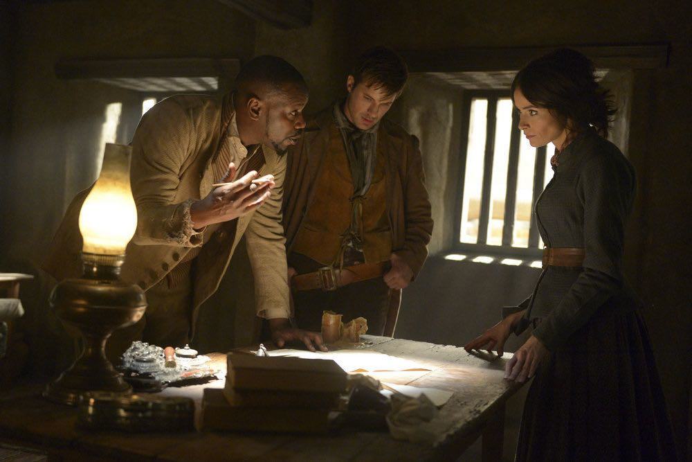 TIMELESS -- "The Alamo" Episode 104 -- Pictured: (l-r) Malcolm Barrett as Rufus Carlin, Matt Lanter as Wyatt Logan, Abigail Spencer as Lucy Preston -- (Photo by: Sergei Bachlakov/NBC)