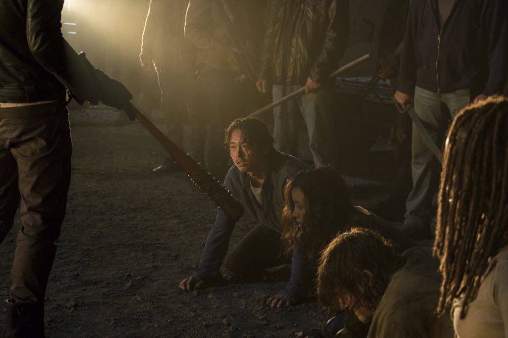 >>> NOT TO BE USED UNTIL 10/24/16 at 1:00 AM EST <<< Jeffrey Dean Morgan as Negan, Danai Gurira as Michonne, Norman Reedus as Daryl Dixon, Christian Serratos as Rosita Espinosa, Steven Yeun as Glenn Rhee - The Walking Dead _ Season 7, Episode 1 - Photo Credit: Gene Page/AMC