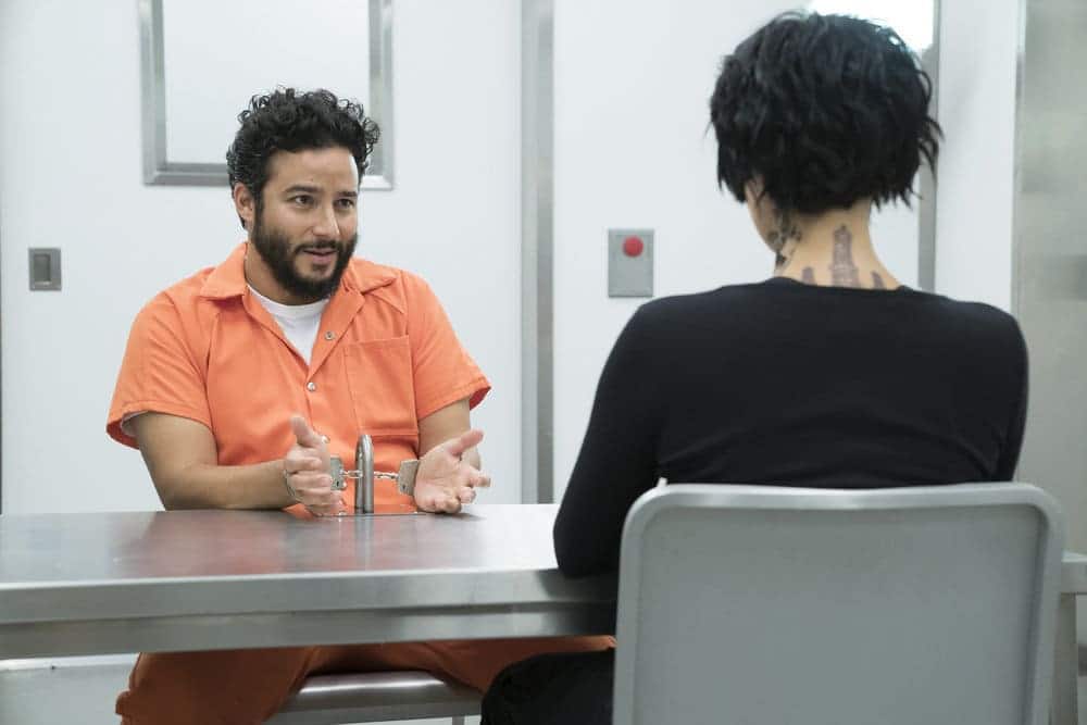 BLINDSPOT -- "Resolves Eleven Myths" Episode 207 -- Pictured: (l-r) Ennis Esmer as RichDot Com, Jaimie Alexander as Jane Doe -- (Photo by: Virginia Sherwood/NBC)