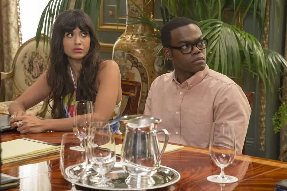 THE GOOD PLACE -- "Most Improved Player" Episode 107 -- Pictured: (l-r) Jameela Jamil as Tehani, William Jackson Harper as Chidi -- (Photo by: Ron Batzdorff/NBC)