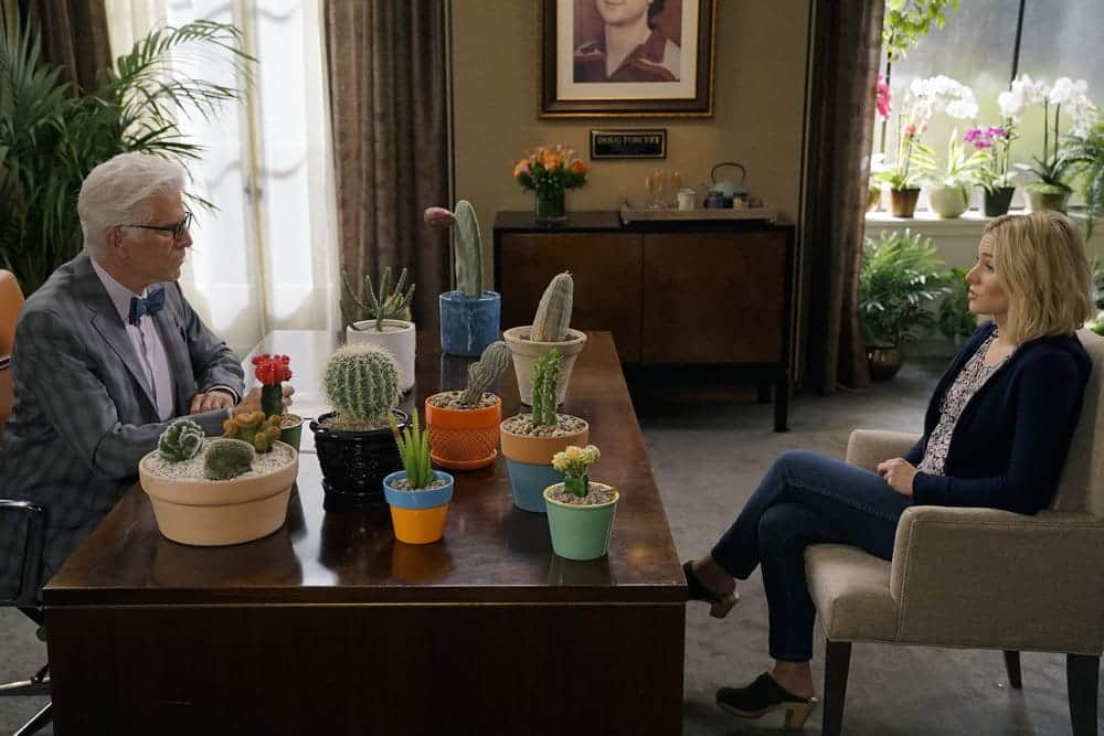 THE GOOD PLACE -- "Most Improved Player" Episode 107 -- Pictured: (l-r) Ted Danson as Michael, Kristen Bell as Eleanor -- (Photo by: Chris Haston/NBC)