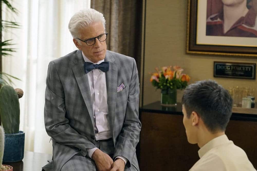 THE GOOD PLACE -- "Most Improved Player" Episode 107 -- Pictured: (l-r) Ted Danson as Michael, Manny Jacinto as Jianyu -- (Photo by: Chris Haston/NBC)