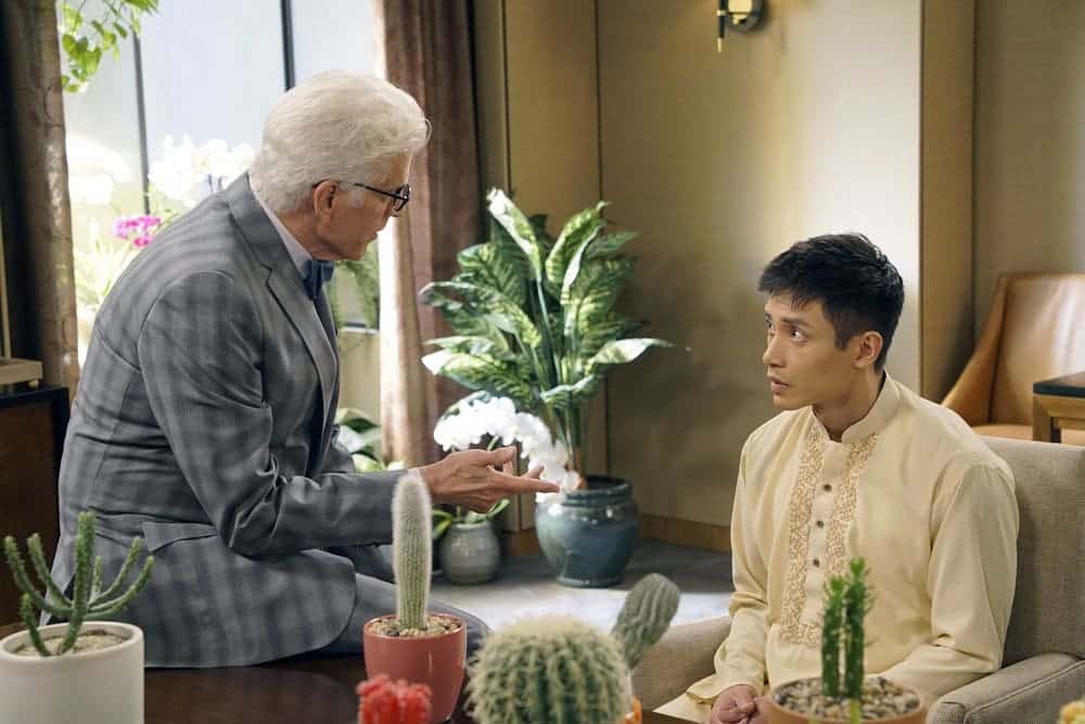 THE GOOD PLACE -- "Most Improved Player" Episode 107 -- Pictured: (l-r) Ted Danson as Michael, Manny Jacinto as Jianyu -- (Photo by: Chris Haston/NBC)
