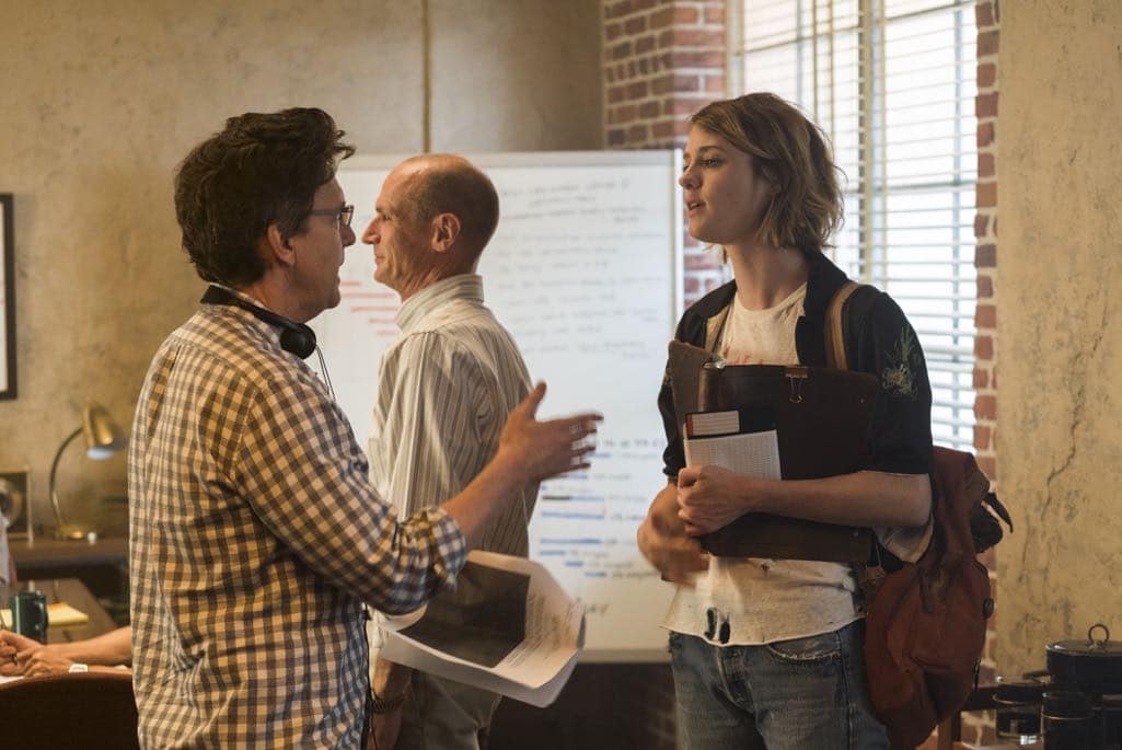BTS, Mackenzie Davis as Cameron Howe, Toby Huss as John Bosworth, Director Andrew McCarthy - Halt and Catch Fire _ Season 3, Episode 5 - Photo Credit: Tina Rowden/AMC