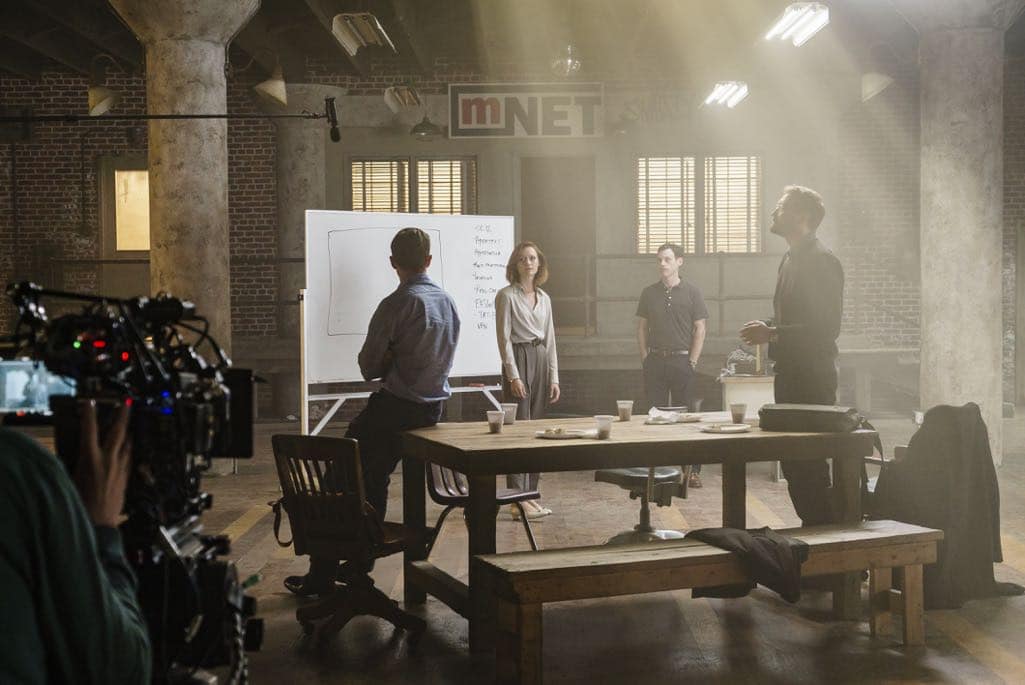 BTS, Kerry Bishe as Donna Clark, Scoot McNairy as Gordon Clark, Mackenzie Davis as Cameron Howe, Lee Pace as Joe MacMillan - Halt and Catch Fire _ Season 3, Episode 10 - Photo Credit: Tina Rowden/AMC