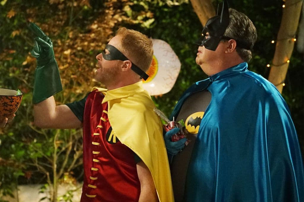 MODERN FAMILY - "Halloween 4: The Revenge of Rod Skyhook" - Luke's Halloween party isn't the monster bash he dreamed of and is at risk of having the worst party of the year. Sensing trouble, the rest of the Dunphy's realize all his party needs is a visit from Rod Skyhook, a little promotion and some adult supervision to get it started. Meanwhile at the Tucker-Pritchett home, Cam faces off with his Halloween nemesis while Lily and Mitchell try to save the day and work to keep him from going to the darkside. Finally, when Jay finds out that Manny is going to a party at the home of an old enemy, he enlists him to deliver a trick he will never forget. "Modern Family" airs WEDNESDAY, OCTOBER 26 (9:00-9:30 p.m. EDT), on the ABC Television Network. (ABC/Kevin Estrada) JESSE TYLER FERGUSON, ERIC STONESTREET