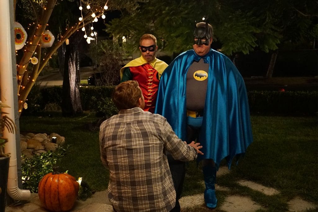 MODERN FAMILY - "Halloween 4: The Revenge of Rod Skyhook" - Luke's Halloween party isn't the monster bash he dreamed of and is at risk of having the worst party of the year. Sensing trouble, the rest of the Dunphy's realize all his party needs is a visit from Rod Skyhook, a little promotion and some adult supervision to get it started. Meanwhile at the Tucker-Pritchett home, Cam faces off with his Halloween nemesis while Lily and Mitchell try to save the day and work to keep him from going to the darkside. Finally, when Jay finds out that Manny is going to a party at the home of an old enemy, he enlists him to deliver a trick he will never forget. "Modern Family" airs WEDNESDAY, OCTOBER 26 (9:00-9:30 p.m. EDT), on the ABC Television Network. (ABC/Kevin Estrada) SAM DALY, JESE TYLER FERGUSON, ERIC STONE STREET