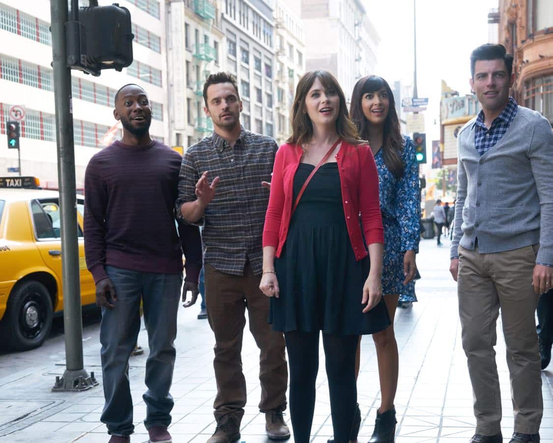 NEW GIRL: L-R: Lamorne Morris, Jake Johnson, Zooey Deschanel, Hannah Simone and Max Greenfield in the special "Homecoming" NEW GIRL/BROOKLYN NINE-NINE crossover episode of NEW GIRL airing Tuesday, Oct. 11 (8:31-9:01 PM ET/PT) on FOX. ©2015 Fox Broadcasting Co. Cr: Adam Taylor/FOX