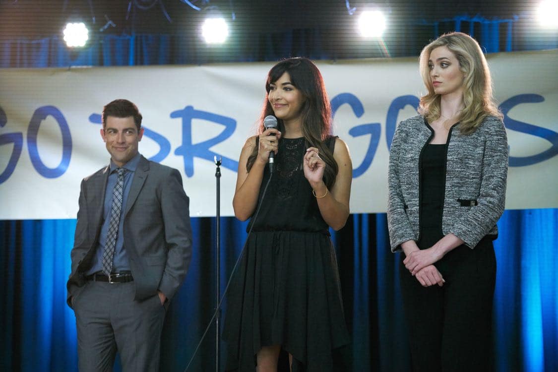 NEW GIRL: L-R: Max Greenfield, Hannah Simone and guest star Allegra Edwards in the special "Homecoming" NEW GIRL/BROOKLYN NINE-NINE crossover episode of NEW GIRL airing Tuesday, Oct. 11 (8:31-9:01 PM ET/PT) on FOX. ©2015 Fox Broadcasting Co. Cr: Adam Taylor/FOX