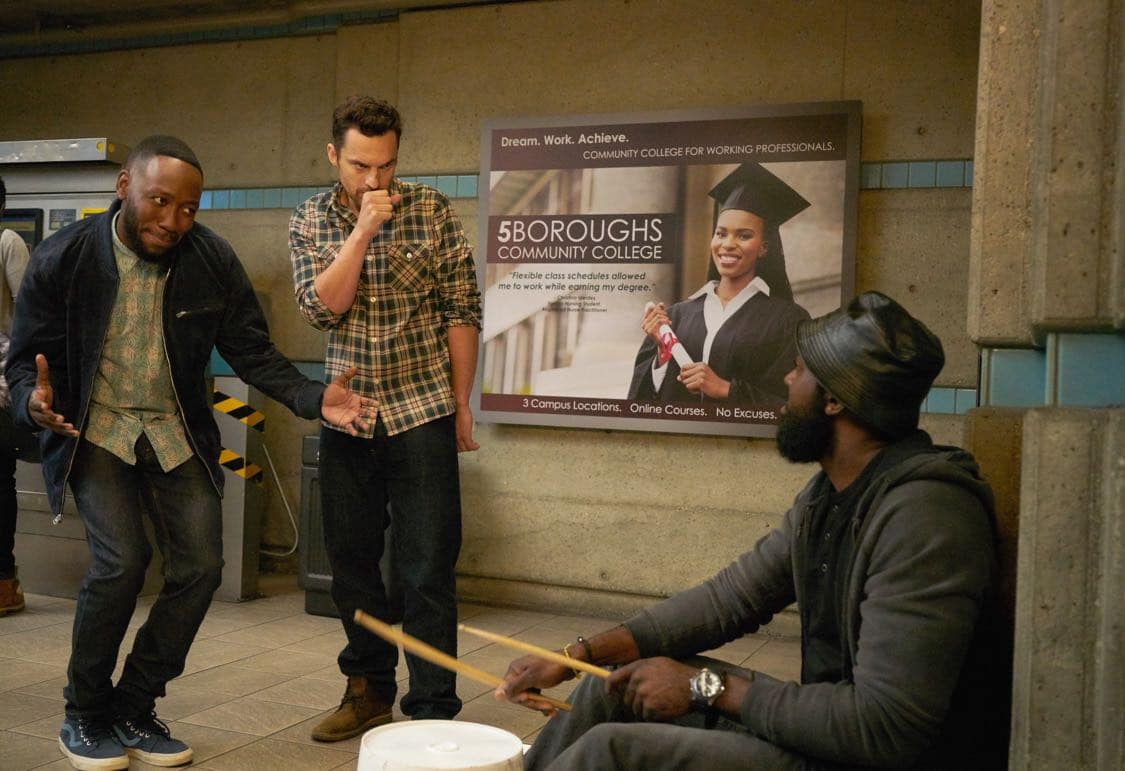 NEW GIRL: L-R: Lamorne Morris and Jake Johnson in the special "Homecoming" NEW GIRL/BROOKLYN NINE-NINE crossover episode of NEW GIRL airing Tuesday, Oct. 11 (8:31-9:01 PM ET/PT) on FOX. ©2015 Fox Broadcasting Co. Cr: Adam Taylor/FOX