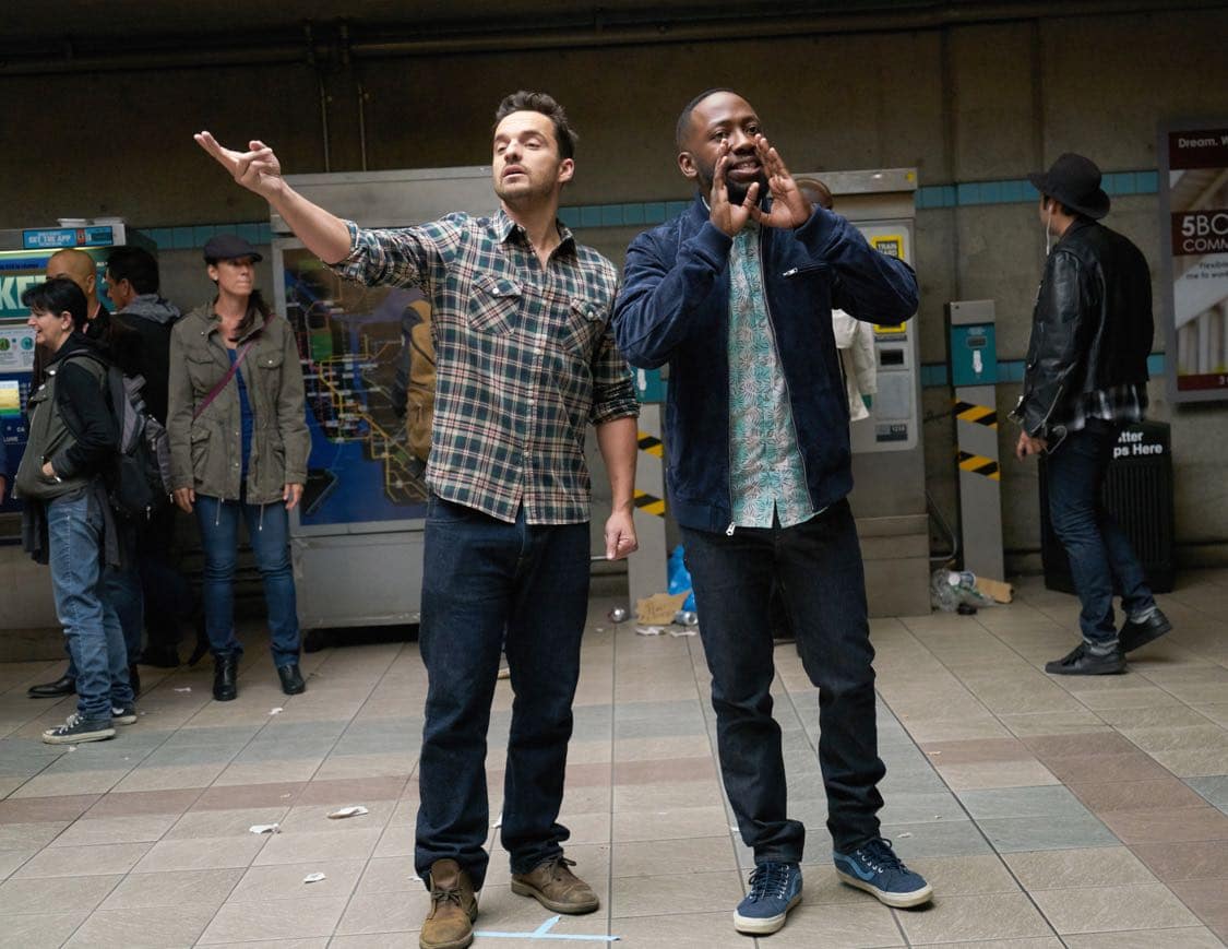 NEW GIRL: L-R: Jake Johnson and Lamorne Morris in the special "Homecoming" NEW GIRL/BROOKLYN NINE-NINE crossover episode of NEW GIRL airing Tuesday, Oct. 11 (8:31-9:01 PM ET/PT) on FOX. ©2015 Fox Broadcasting Co. Cr: Adam Taylor/FOX