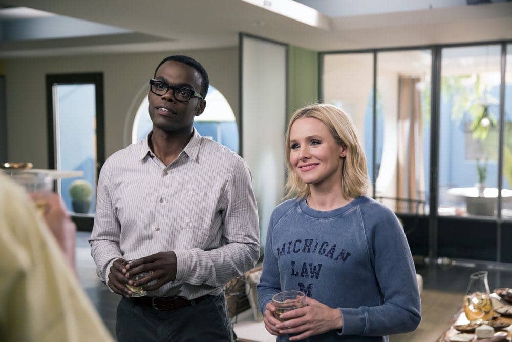 THE GOOD PLACE -- "Category 55 Emergency Doomsday Crisis" Episode 109 -- Pictured: (l-r) William Jackson Harper as Chidi, Kristen Bell as Eleanor -- (Photo by: Ron Batzdorff/NBC)