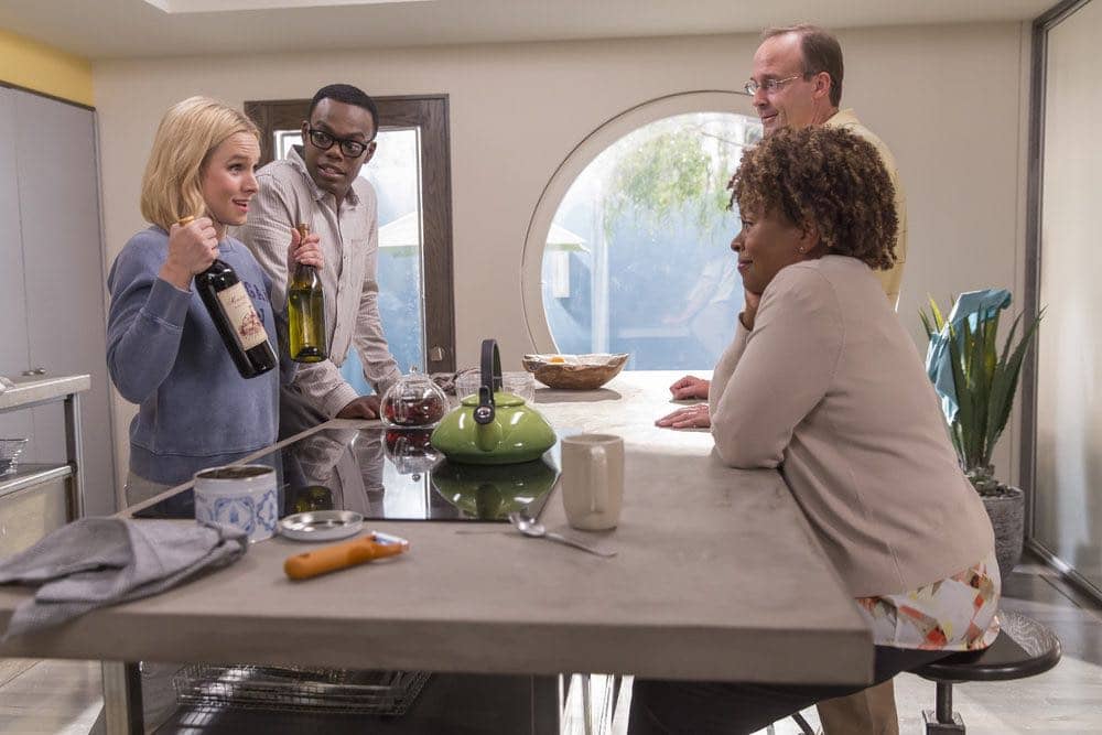 THE GOOD PLACE -- "Category 55 Emergency Doomsday Crisis" Episode 109 -- Pictured: (l-r) Kristen Bell as Eleanor, William Jackson Harper as Chidi, John Hartmann as Bart, Monnae Michaell as Nina -- (Photo by: Ron Batzdorff/NBC)