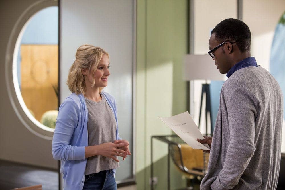 THE GOOD PLACE -- "Category 55 Emergency Doomsday Crisis" Episode 109 -- Pictured: (l-r) Kristen Bell as Eleanor, William Jackson Harper as Chidi -- (Photo by: Ron Batzdorff/NBC)