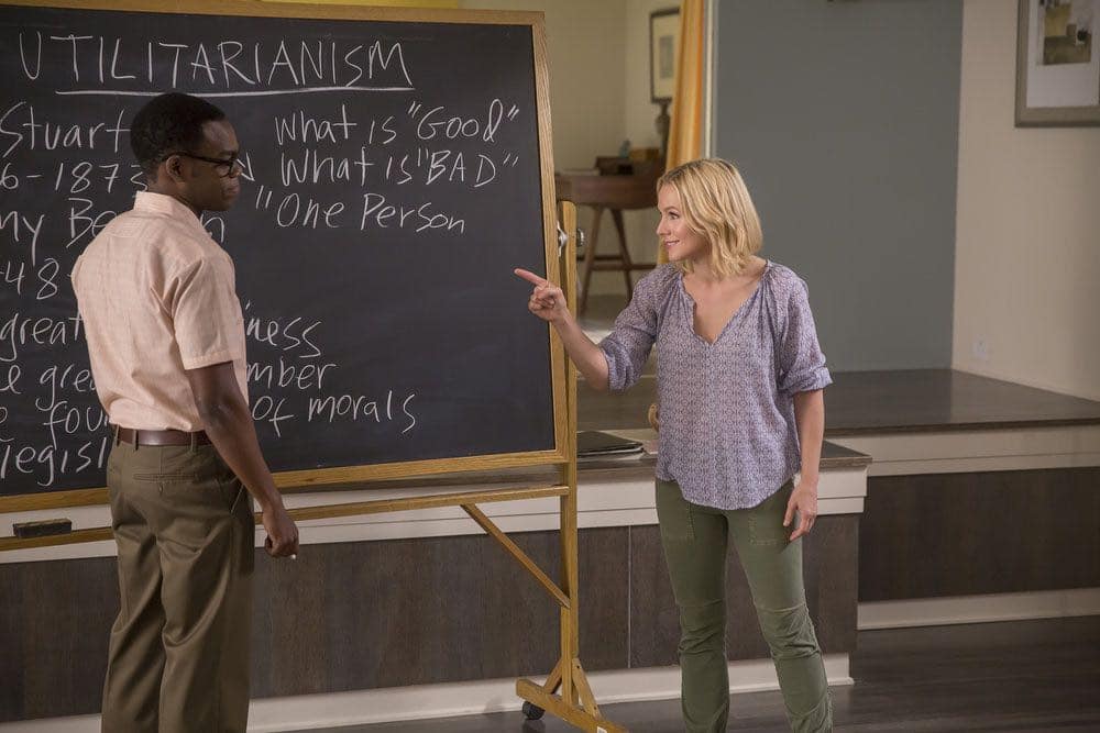 THE GOOD PLACE -- "Category 55 Emergency Doomsday Crisis" Episode 109 -- Pictured: (l-r) William Jackson Harper as Chidi, Kristen Bell as Eleanor -- (Photo by: Ron Batzdorff/NBC)