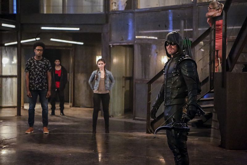 Arrow -- "The Recruits" -- Image AR502a_0051b.jpg -- Pictured (L-R): Echo Kellum as Curtis Holt, Rick Gonzales as Rene Ramirez/Wild Dog, Madison McLaughlin as Evelyn Sharp, Stephen Amell as Green Arrow and Emily Bett Rickards as Felicity Smoak -- Photo: Bettina Strauss/The CW -- é 2016 The CW Network, LLC. All Rights Reserved.