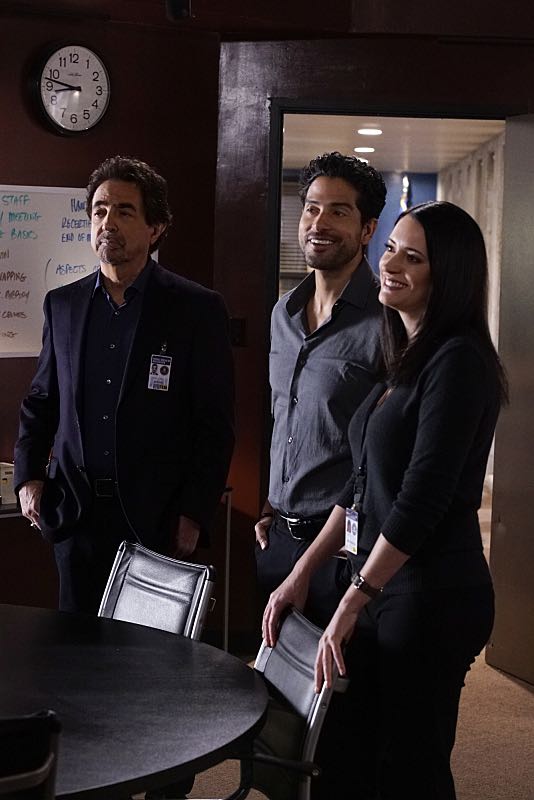 "Mirror Image" -- The BAU team opens an investigation when a man who fully believes he's Dr. Tara Lewis' (Aisha Tyler) brother arrives in town, knowing everything about her and her family, and she is unable to make contact with her real sibling, on CRIMINAL MINDS, Wednesday, Nov. 30 (9:00-10:00 PM, ET/PT), on the CBS Television Network. Series star Joe Mantegna directed the episode. Pictured: Joe Mantegna (David Rossi), Adam Rodriguez (Luke Alvez), Paget Brewster (Emily Prentiss) Photo: Robert Voets/CBS é2016 CBS Broadcasting, Inc. All Rights Reserved