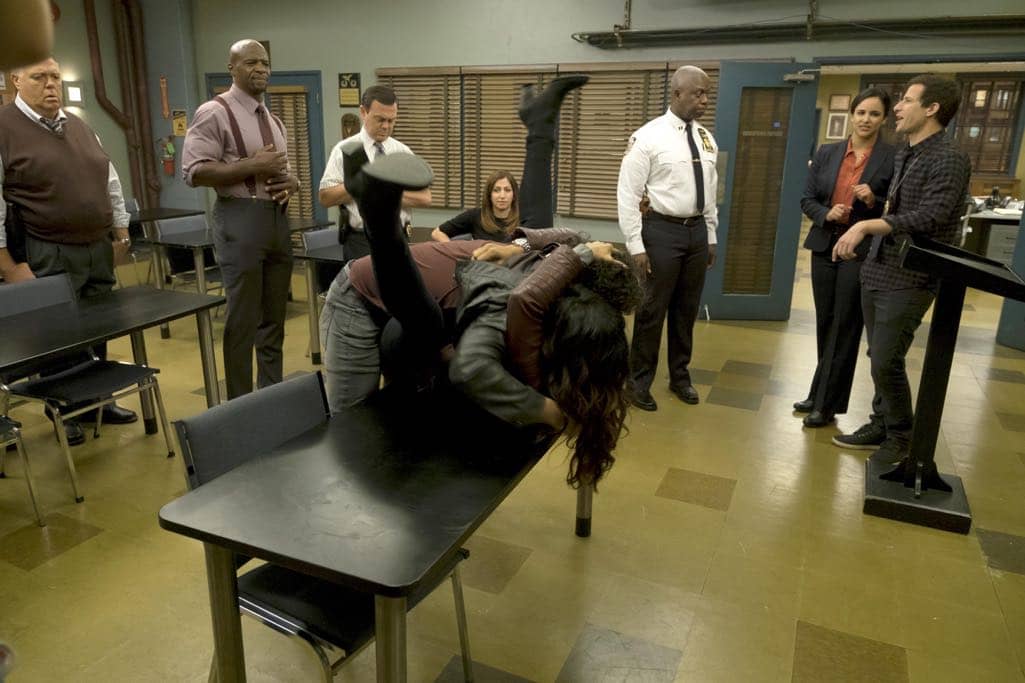 BROOKLYN NINE-NINE: L-R: Joel McKinnon Miller, Terry Crews, Joe Lo Truglio, Chelsea Peretti, Andre Braugher, Melissa Fumero, Andy Samberg, Stephanie Beatriz and guest star Jason Mantzoukas in the “Monster In The Closet” episode of BROOKLYN NINE-NINE airing Tuesday, Nov. 15 (8:00-8:31 PM ET/PT) on FOX. ©2016 Fox Broadcasting Co. Cr: FOX BROOKLYN NINE-NINE: L-R: Joel McKinnon Miller, Terry Crews, Joe Lo Truglio, Chelsea Peretti, Andre Braugher, Melissa Fumero, Andy Samberg, Stephanie Beatriz and guest star Jason Mantzoukas in the “Monster In The Closet” episode of BROOKLYN NINE-NINE airing Tuesday, Nov. 15 (8:00-8:31 PM ET/PT) on FOX. ©2016 Fox Broadcasting Co. Cr: FOX