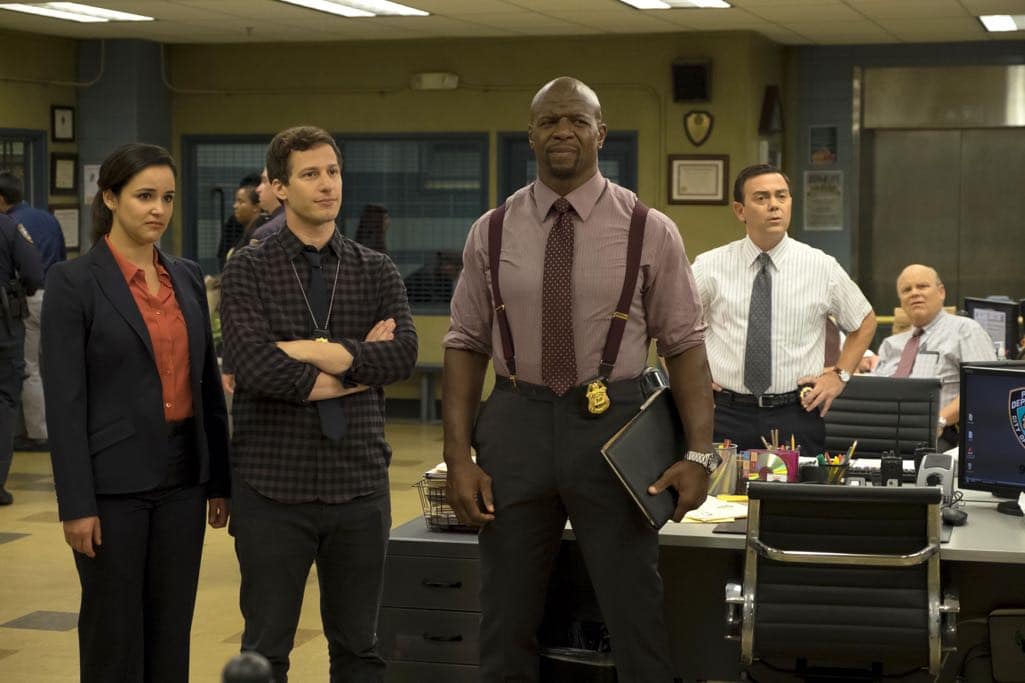 BROOKLYN NINE-NINE: L-R: Melissa Fumero, Andy Samberg, Andre Braugher, Joe Lo Truglio and Dirk Blocker in the “Monster In The Closet” episode of BROOKLYN NINE-NINE airing Tuesday, Nov. 15 (8:00-8:31 PM ET/PT) on FOX. ©2016 Fox Broadcasting Co. Cr: FOX BROOKLYN NINE-NINE: L-R: Melissa Fumero, Andy Samberg, Andre Braugher, Joe Lo Truglio and Dirk Blocker in the “Monster In The Closet” episode of BROOKLYN NINE-NINE airing Tuesday, Nov. 15 (8:00-8:31 PM ET/PT) on FOX. ©2016 Fox Broadcasting Co. Cr: FOX
