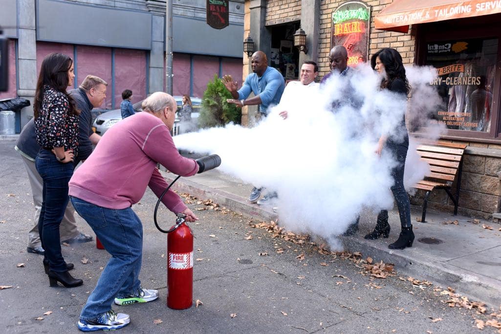 BROOKLYN NINE-NINE: L-R: Dirk Blocker, Melissa Fumero, Joel McKinnon Miller, Terry Crews, Joe Lo Truglio, Andre Braugher and Stephanie Beatriz in the ???Monster In The Closet??? episode of BROOKLYN NINE-NINE airing Tuesday, Nov. 15 (8:00-8:31 PM ET/PT) on FOX. ©2016 Fox Broadcasting Co. Cr: FOX BROOKLYN NINE-NINE: L-R: Dirk Blocker, Melissa Fumero, Joel McKinnon Miller, Terry Crews, Joe Lo Truglio, Andre Braugher and Stephanie Beatriz in the ???Monster In The Closet??? episode of BROOKLYN NINE-NINE airing Tuesday, Nov. 15 (8:00-8:31 PM ET/PT) on FOX. ©2016 Fox Broadcasting Co. Cr: FOX