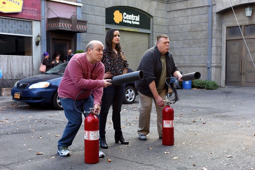 BROOKLYN NINE-NINE: L-R: Dirk Blocker, Melissa Fumero and Joel McKinnon Miller in the ???Monster In The Closet??? episode of BROOKLYN NINE-NINE airing Tuesday, Nov. 15 (8:00-8:31 PM ET/PT) on FOX. ©2016 Fox Broadcasting Co. Cr: FOX BROOKLYN NINE-NINE: L-R: Dirk Blocker, Melissa Fumero and Joel McKinnon Miller in the ???Monster In The Closet??? episode of BROOKLYN NINE-NINE airing Tuesday, Nov. 15 (8:00-8:31 PM ET/PT) on FOX. ©2016 Fox Broadcasting Co. Cr: FOX