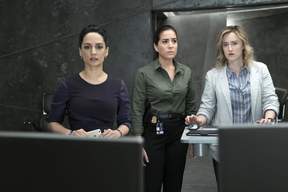 BLINDSPOT -- "Why Let Cooler Pasture Deform" Episode 209 -- Pictured: (l-r) Archie Panjabi as Nas Kamal, Audrey Esparza as Tasha Zapata, Ashley Johnson as Patterson -- (Photo by: Virginia Sherwood/NBC)