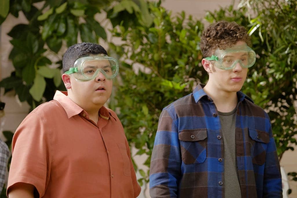 MODERN FAMILY - "Thanksgiving Jamboree" - It's going to be a Thanksgiving jamboree at the Pritchett-Tucker home this year, and Cameron has spared no expense. While Phil tries to get used to Rainer Shine (Nathan Fillion) dating his daughter, Hayley has to break it to her dad that she would rather spend the rest of her holiday with her new boyfriend than staying for the traditional family football game. Meanwhile, Jay has to figure out a way to keep his blood pressure down on one of the most stressful days of the year, as Gloria tries to show Joe that animals are our friends. Finally, Alex and Dwight get to know each other a little better than her Uncle Cam would like, while Mitchell has to stop clowning around and tell Cam the truth, on ABC's "Modern Family," airing on WEDNESDAY, NOVEMBER 16 (9:00-9:31 p.m. EDT). (ABC/Tony Rivetti) RICO RODRIGUEZ, NOLAN GOULD