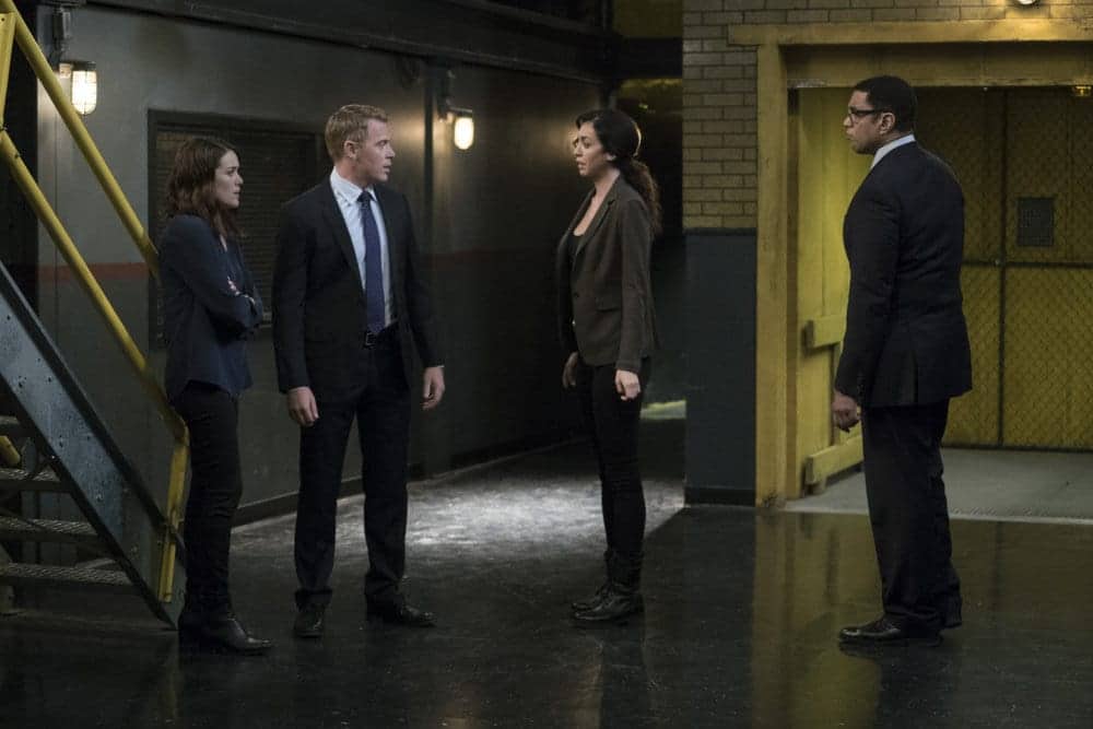 THE BLACKLIST -- "Lipet's Seafood Company #111" Episode 409 -- Pictured: (l-r) Megan Boone as Elizabeth Keen, Diego Klattenhoff as Donald Ressler, Mozhan Marno as Samar Navabi, Harry Lennix as Harold Cooper THE BLACKLIST -- "Lipet's Seafood Company #111" Episode 409 -- Pictured: (l-r) Megan Boone as Elizabeth Keen, Diego Klattenhoff as Donald Ressler, Mozhan Marno as Samar Navabi, Harry Lennix as Harold Cooper